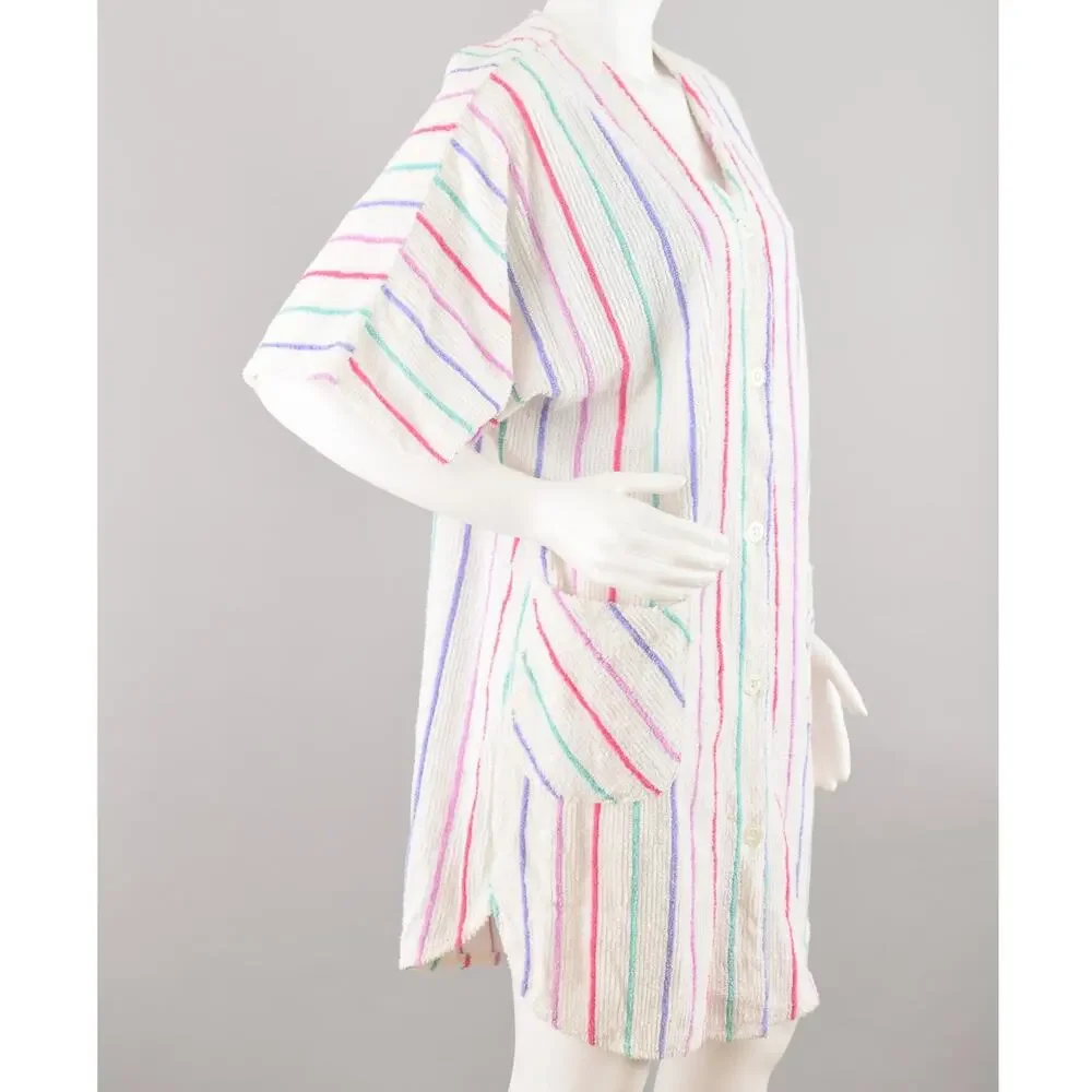 Vintage Terry Cloth Swimsuit Cover Up Robe, Rainbow Striped, Women's Medium